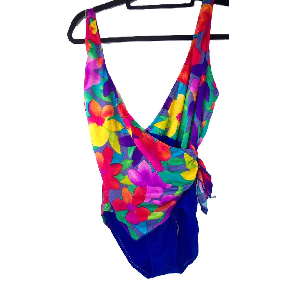 Vintage Oscar De La Renta Swimsuit Neon Multicolor Floral Criss Cross Size 16